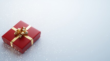 Red gift box with gold ribbon and glitter festive holiday background