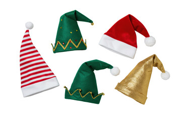 Five elegant elf hats (striped, green, Santa, blue, gold) on clean transparent isolated background with silver star confetti, high-key studio lit, festive product display.