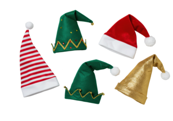 Five elegant elf hats (striped, green, Santa, blue, gold) on clean transparent isolated background with silver star confetti, high-key studio lit, festive product display.