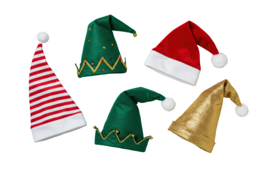 Five elegant elf hats (striped, green, Santa, blue, gold) on clean transparent isolated background with silver star confetti, high-key studio lit, festive product display.