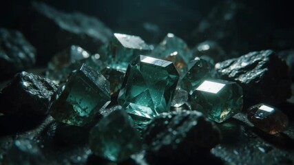 A brilliant cluster of raw, uncut green gemstones and precious crystals glowing with inner light on a dark mineral rock bed - Powered by Adobe