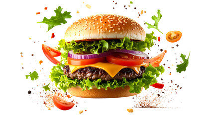 Delicious cheeseburger with fresh ingredients flying around isolated on a white background perfect for food photography and advertising.