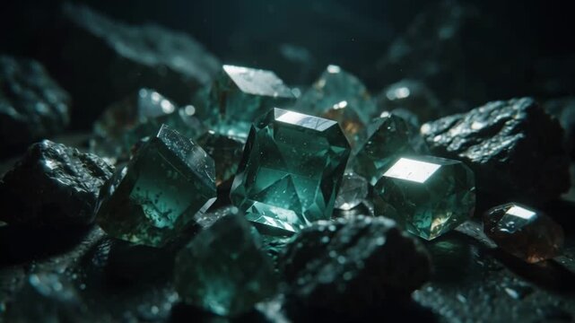 A brilliant cluster of raw, uncut green gemstones and precious crystals glowing with inner light on a dark mineral rock bed