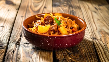 Hearty stew with cabbage, meat, and peppers in a rustic brown speckled bowl