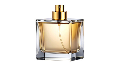 Elegant Glass Perfume Bottle with Golden Cap on White Background.