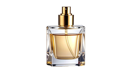 Elegant Perfume Bottle with Golden Liquid on White Background.