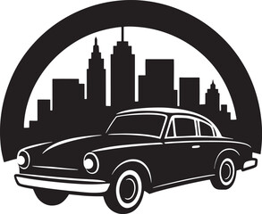 Vintage car in front of new york city skyline silhouette