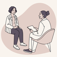 Two women in conversation one holding a document sitting in a chair in a minimalist style illustration