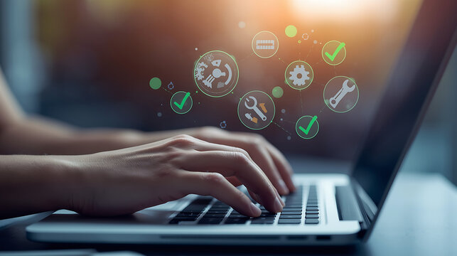 A person typing on a laptop keyboard with digital gears, wrenches, and green check marks symbolizes system configuration, software maintenance, automation, and successful technical operations.