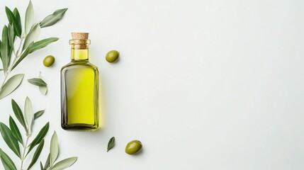 Olive oil bottle with olives and branches on white