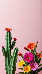 Obraz premium Blooming green cactus with vibrant flowers on a soft pastel background. Plenty of copy space for text or design elements, unique, cactus, exotic