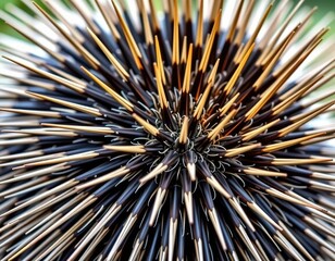 Obraz premium Close-up of a porcupine's back, showcasing its long, sharp quills. The quills are numerous and extend outward, creating a defensive barrier, macro, wilderness