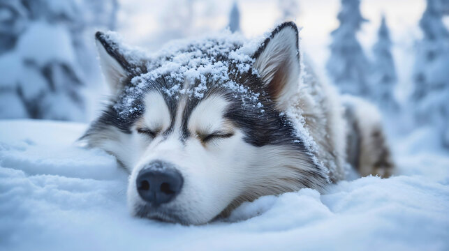 An intimate close-up of a siberian husky sleeping, a heartwarming image of a cute dog in the winter snow, a peaceful and serene pet resting in a snowy forest, a concept of a happy and relaxed animal.
