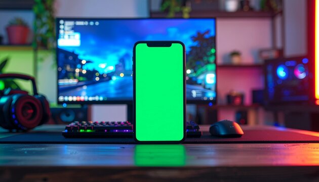 Smartphone with a green screen on a desk, surrounded by a gaming computer setup with a monitor, RGB keyboard, mouse, and headphones, illuminated by colorful ambient lighting.