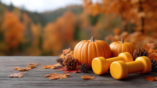 Autumn workout with orange dumbbells and decorative pumpkins surrounded by warm foliage in a serene outdoor setting