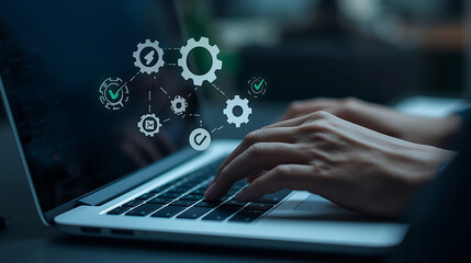 A person typing on a laptop keyboard with digital gears, wrenches, and green check marks symbolizes system configuration, software maintenance, automation, and successful technical operations.