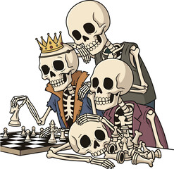 Skeletons playing chess, crowned skeleton king, surreal cartoon illustration, Halloween undead strategy, spooky game scene, fantasy horror art, eerie concept