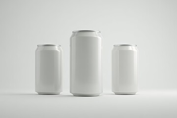 Three blank white aluminum beverage cans on a white surface