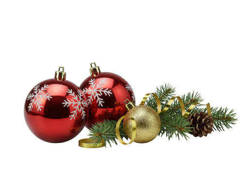 Two high-gloss red snowflake baubles and gold ornament with fir, pine cone, and gold ribbon on a gray studio background, soft natural light, concept of luxurious festive elegance