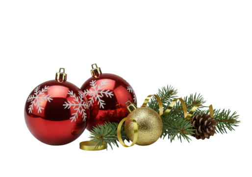 Two high-gloss red snowflake baubles and gold ornament with fir, pine cone, and gold ribbon on a gray studio background, soft natural light, concept of luxurious festive elegance