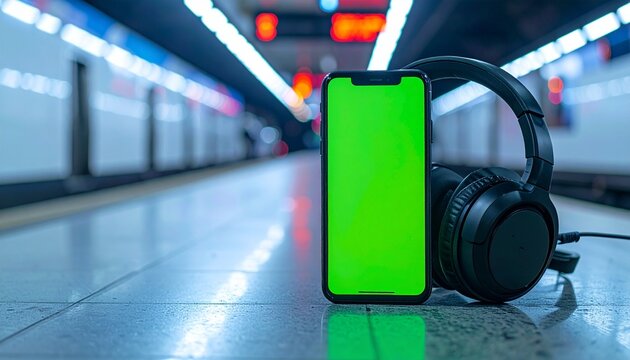 A smartphone with a green screen and headphones resting on a subway platform.