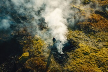 Fototapeta premium A lone figure stands near a steaming vent in a geothermal area, surrounded by yellow-green moss.