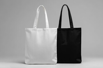 Two blank canvas tote bags, white and black