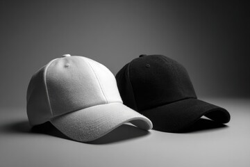 Two blank baseball caps, white and black, on a gray background (1)
