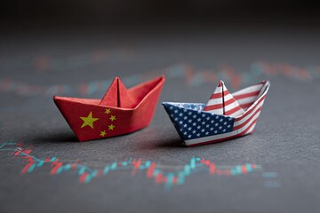 Two paper boats, one with the Chinese flag, the other with the American flag, on a chart