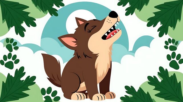 Cute cartoon wolf howling at the moon with forest leaves and paw prints, flat vector illustration