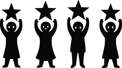 Silhouette illustration of diverse cartoon figures holding stars above heads, symbolizing achievement, teamwork, recognition, success, celebration, diversity, unity, reward