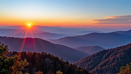 Misty sunrise paints the Smoky Mountains peaks in soft, ethereal light, revealing layers of blue and purple hues as the sun crests the horizon, dramatic, clouds, sunrise