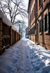 Narrow alleyway shrouded in a soft blanket of fresh snow on a crisp winter morning, shadows lengthening in the pale sunlight, light, street