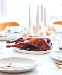 Close-up roasted duck on a white holiday table surrounded by candles, dinnerware and soft winter daylight. Elegant festive dining setup.