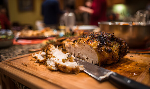 Beautifully Carved Turkey on a Wooden Cutting Board in a Cozy Kitchen with Family Gathering Preparing Festive Meal