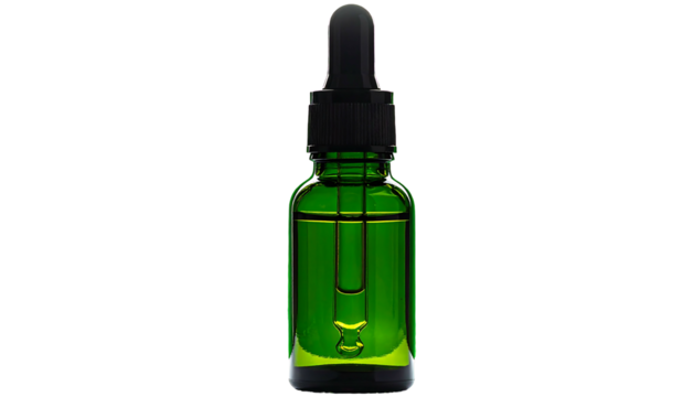 Green glass dropper bottle with liquid inside.