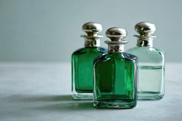 Three emerald green glass bottles with silver tops, arranged on a light gray surface