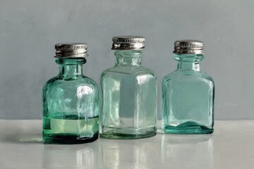 Three small, rectangular glass bottles, pale teal/green in color, arranged in a row against a light gray backdrop