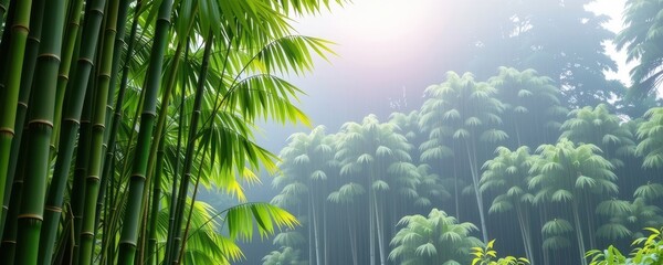 Serene panorama of a lush bamboo forest bathed in mist, gentle rain falling on vibrant green stalks, calming, foliage