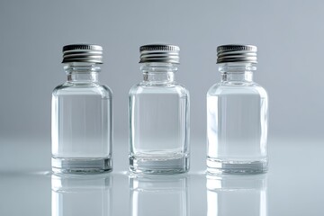 Three clear glass bottles, light gray background