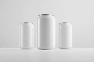 Three blank white soda cans on a white surface