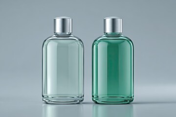 Two identical clear glass bottles, one light teal/green, one light gray/clear, standing on a plain grey surface