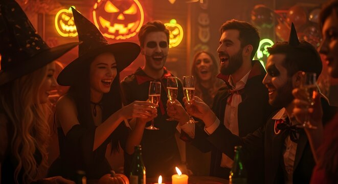 Group of happy friends in Halloween costumes like witch and dracula cheering with champagne glasses at a nightclub party