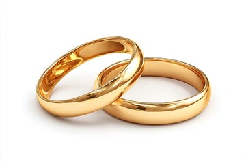 Two gold wedding rings on white background.  Glossy, 3D