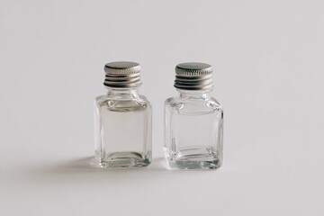 Two clear square glass bottles with light liquid