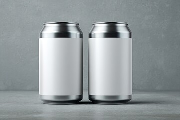 Two metallic aluminum cans with blank white labels