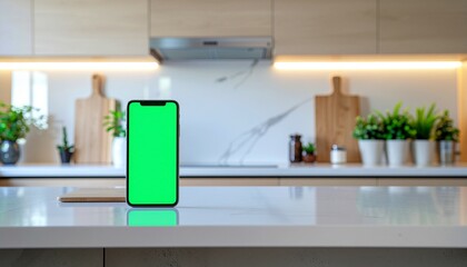 Modern kitchen interior with a smartphone featuring a green screen display on a white marble countertop, ready for content insertion.