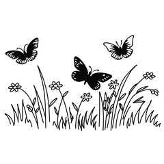Illustration of butterflies flying over a field of flowers, creating a serene scene