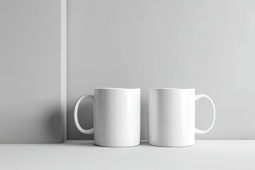 Two plain white mugs on a white surface against a light gray wall
