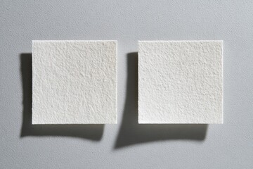 Two square, textured white pieces of paper on a gray background